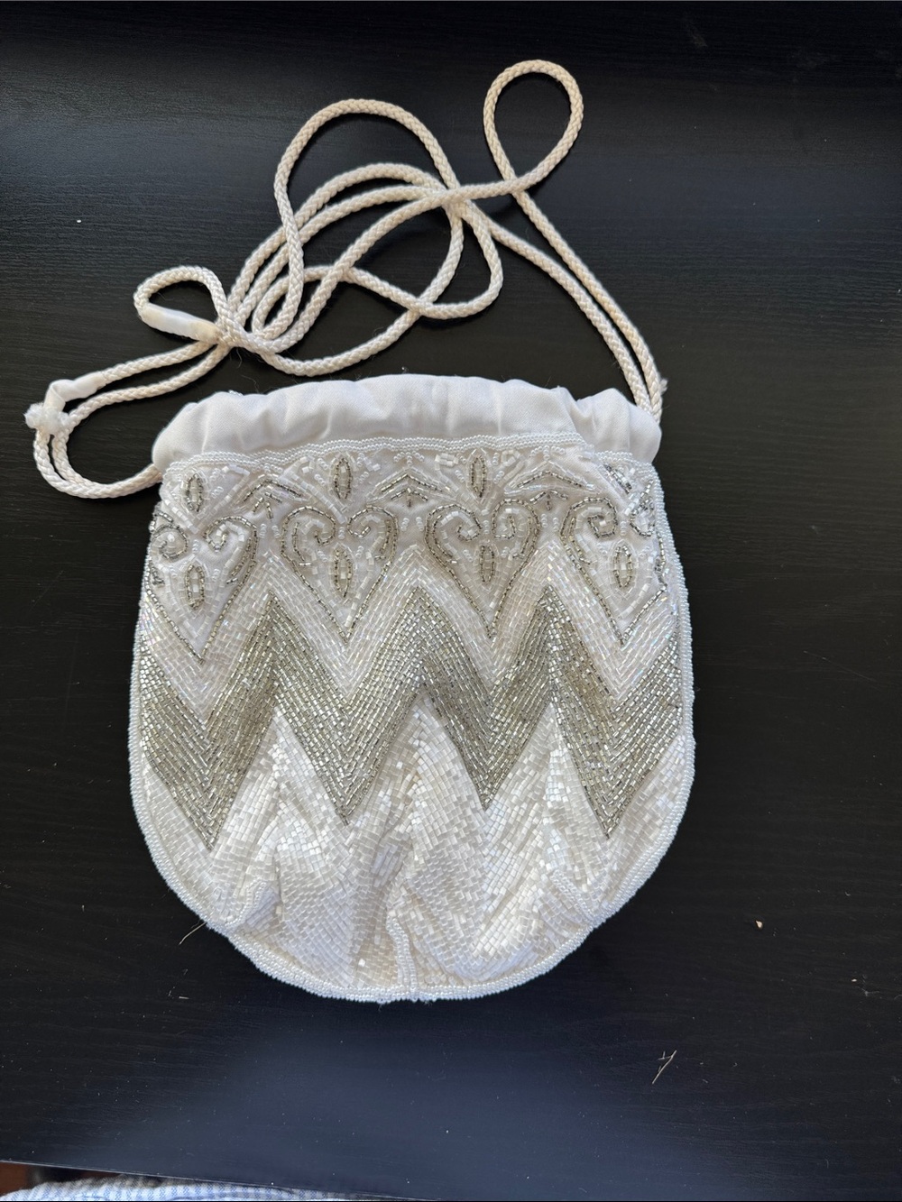 Beaded White Evening Drawstring Bag